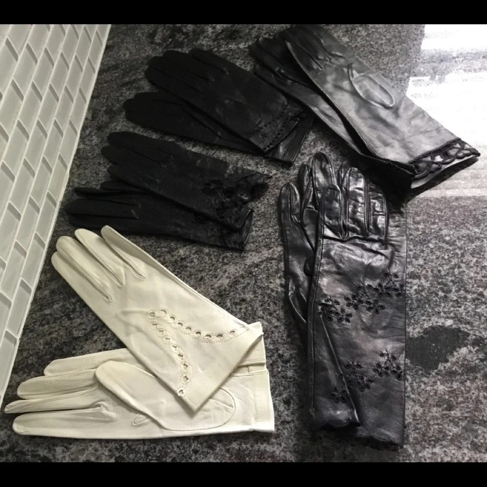 New! Girls genuine leather gloves-4 black and 1 creamy white.
